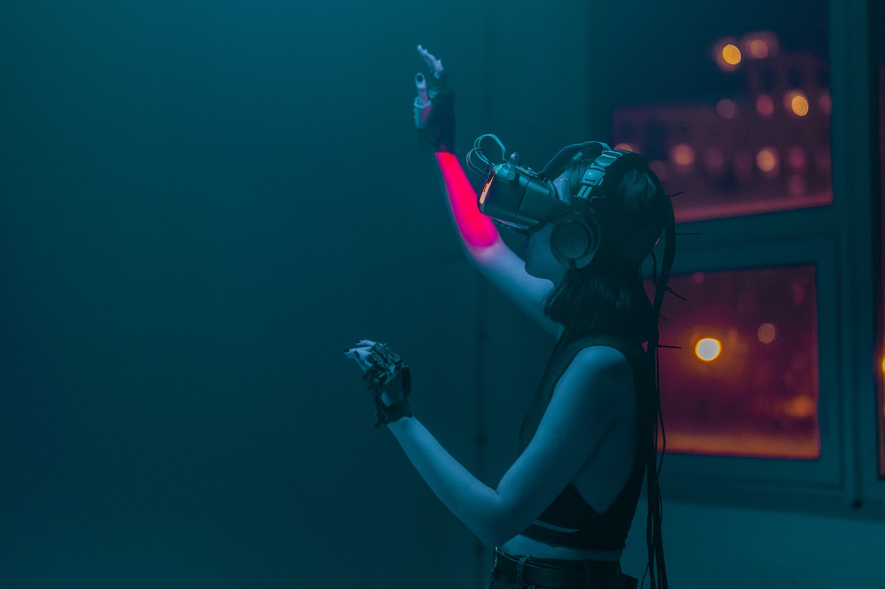 virtual reality gaming girl with vr glass and glouse
